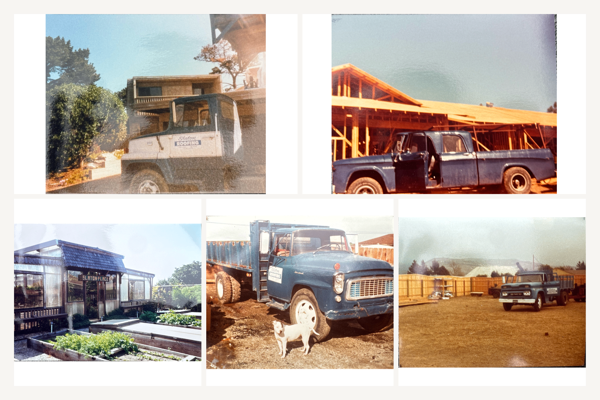 Historic Slaton Roofing trucks, job sites, and company property in Monterey County.